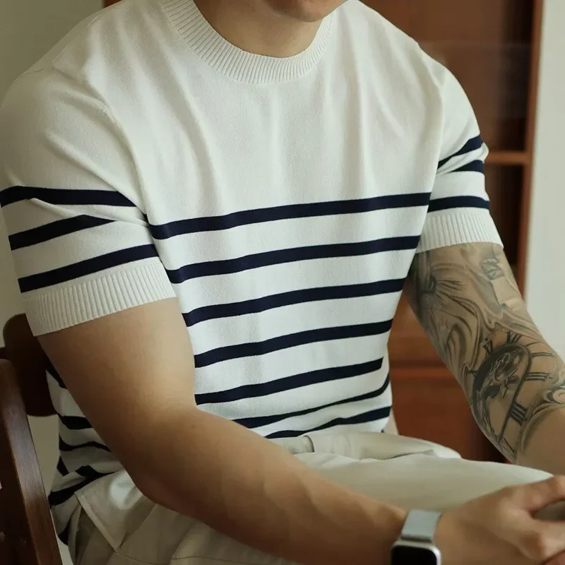 Pop Men's Light Ripe Wind Round Neck Striped Knit Short Sleeve T-shirt Retro Casual Business Spring Summer Top Half Sleeve T-shi