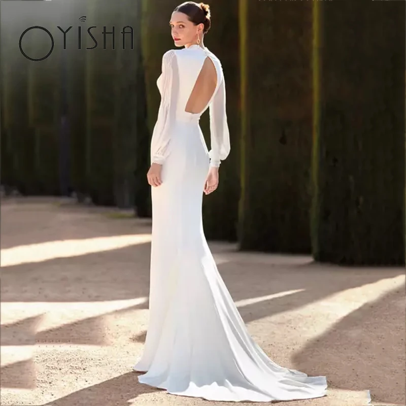 OYISHA Simples Manga Longa Vestidos De Casamento 2023 Sexy V-Neck Side Slit Vestido De Noiva Charming Cut Out Back Vestidos de noiva elegantes Simples Manga Longa Vestidos de Casamento 2023 Sexy V-Neck Side Slit Vestid