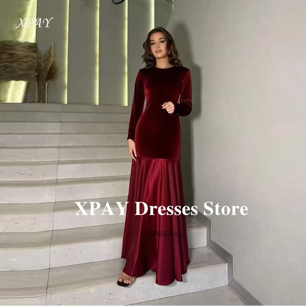 

XPAY Modest Dark Red Evening Party Dresses Arabic Women Long Sleeves O-Neck Velvet Simple Prom Gowns Dubai Formal Customized