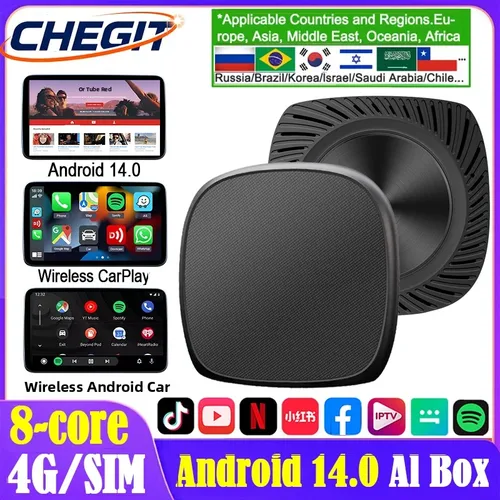 CHEGIT Android14 inalámbrico CarPlay/Android Auto 5 en 1 CarPlay Ai Box 8 núcleos 8GB RAM + 128GB ROM Plug and Play transmisión estable