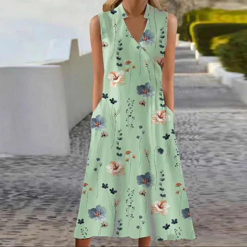 

2024 Chic Elegant Female V-neck Sleeveless Dresses Fashion Retro Floral Print Beach Party Dress Commuting Lady Long Dress New