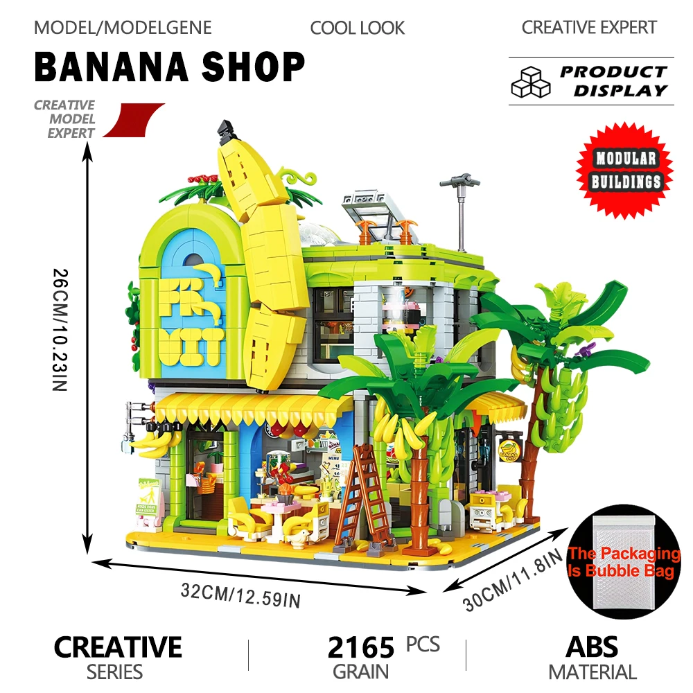 

Banana Shop Street View Building Model Ornaments Creative DIY Puzzle Assembled Architectural Bricks Interesting Construction Toy