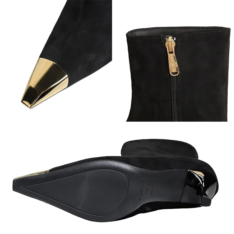 Fashion Boots Women Shoes Metal Pointed Short Boots Side Zipper Ladies Ankle Boots Suede Autumn Winter Shoes High-heeled Boots