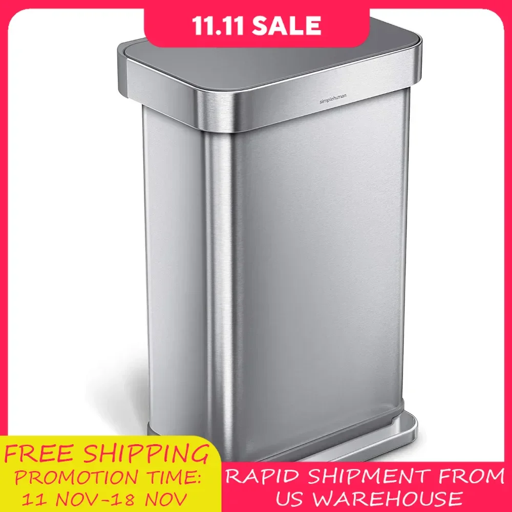 trash can 45 Liter / 12 Gallon Liter Rectangular Hands-Free Kitchen Step Trash Can with Soft-Close Lid, Brushed Stainless Steel