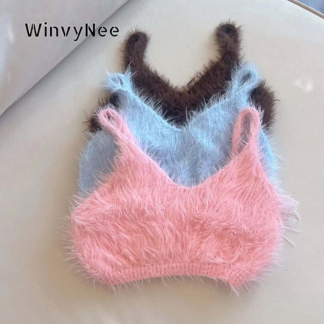Women's Soft Fluffy V-Neck Knit Tank Top - Sleeveless Streetwear