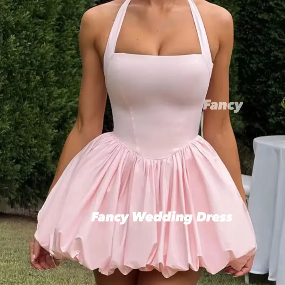 

Fancy Halter Pink Evening Dress A Line Taffeta Prom Gown Saudi Arabia Women Customized Dresses Back Corset