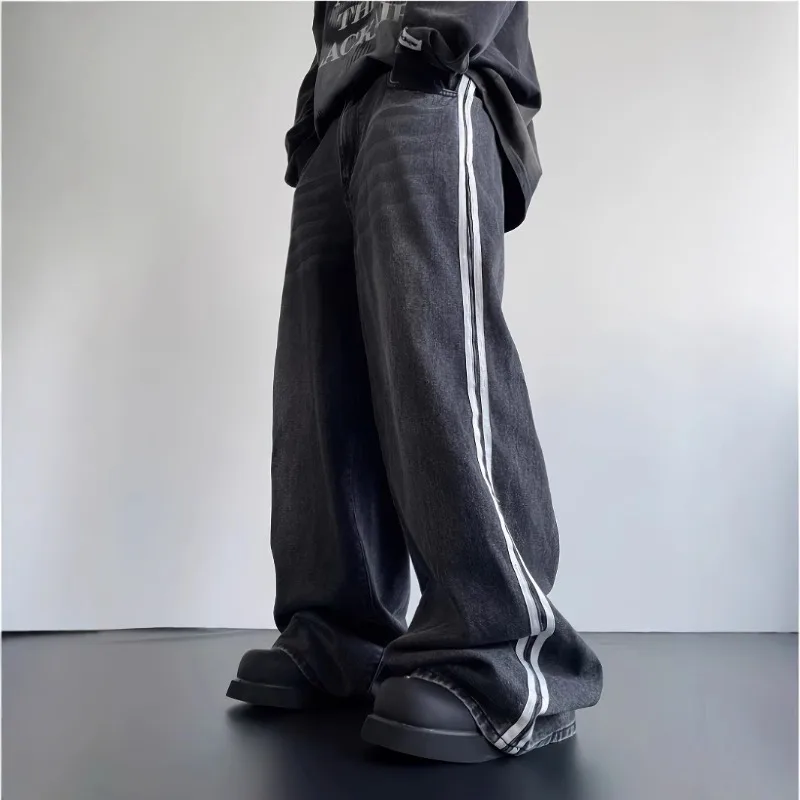 

Джинсы в американском ретро-стиле с боковыми полосками, мужские, в уличном стиле, с эффектом потертости, прямые, свободные, универсальные, удлиненные, женская одежда