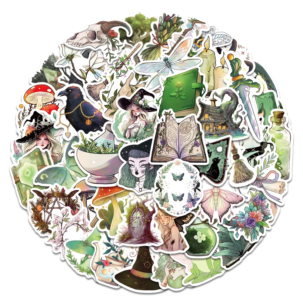 

10/30/50pcs Retro Green Forest Witch Cartoon Stickers Gothic Aesthetic Sticker Decoration Laptop Skateboard Phone Decals Packing