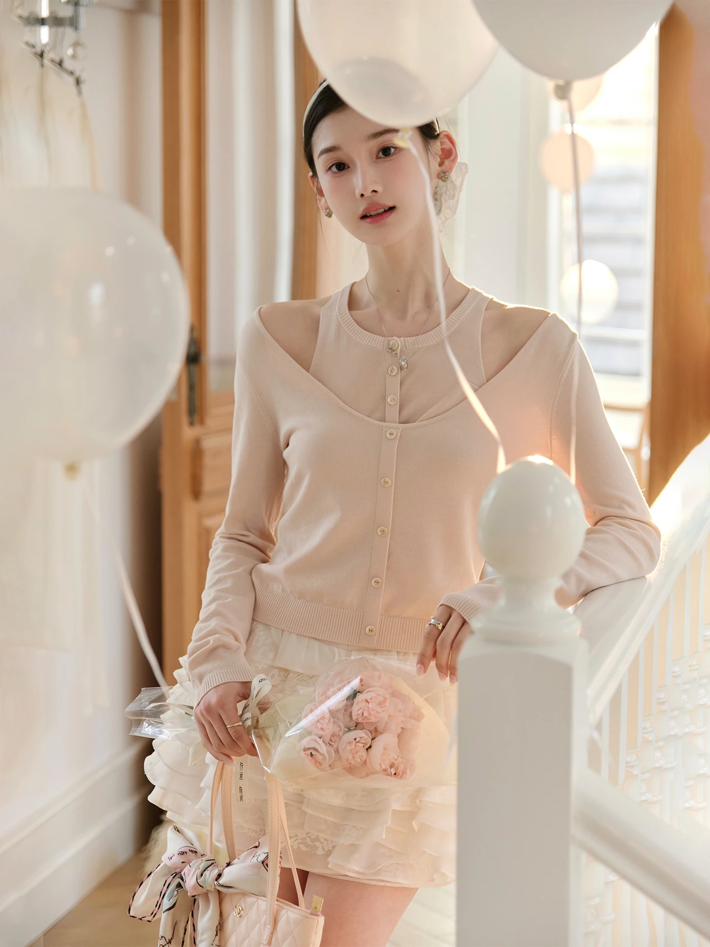 

ChillCozy Sensitive Silk Rayon Long Sve Knitted Sweater Women Spring Gentle Smart Feeling Fake Two-Piece Comfortable Soft