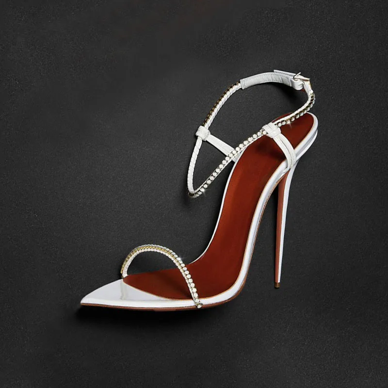 Arden Furtado Summer Patent Leather Pointed toe Belt buckle Super high heel Diamond chain Open toe word-cingulate sandals