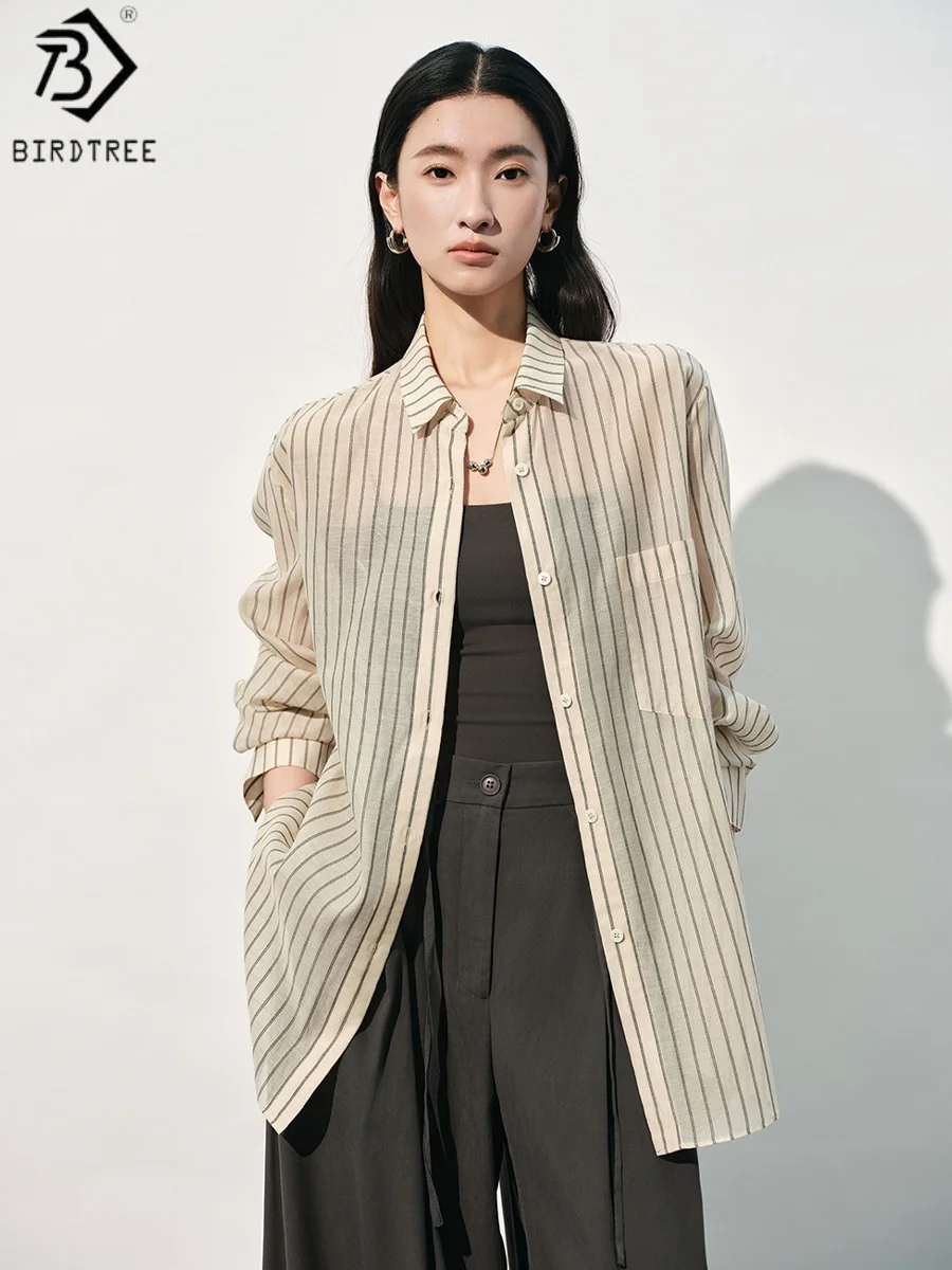 

Birdtree, 25% Real Silk 75% Cotton Blouse, Stripe Lapel Tops, Women Sheer Commuting Shirt, Long sleeve, 2026 Spring New D63433JF