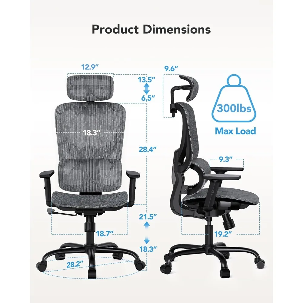 Ergonomic mesh office chair, high back 5 level waist support, adjustable headrest, armrest computer network chair