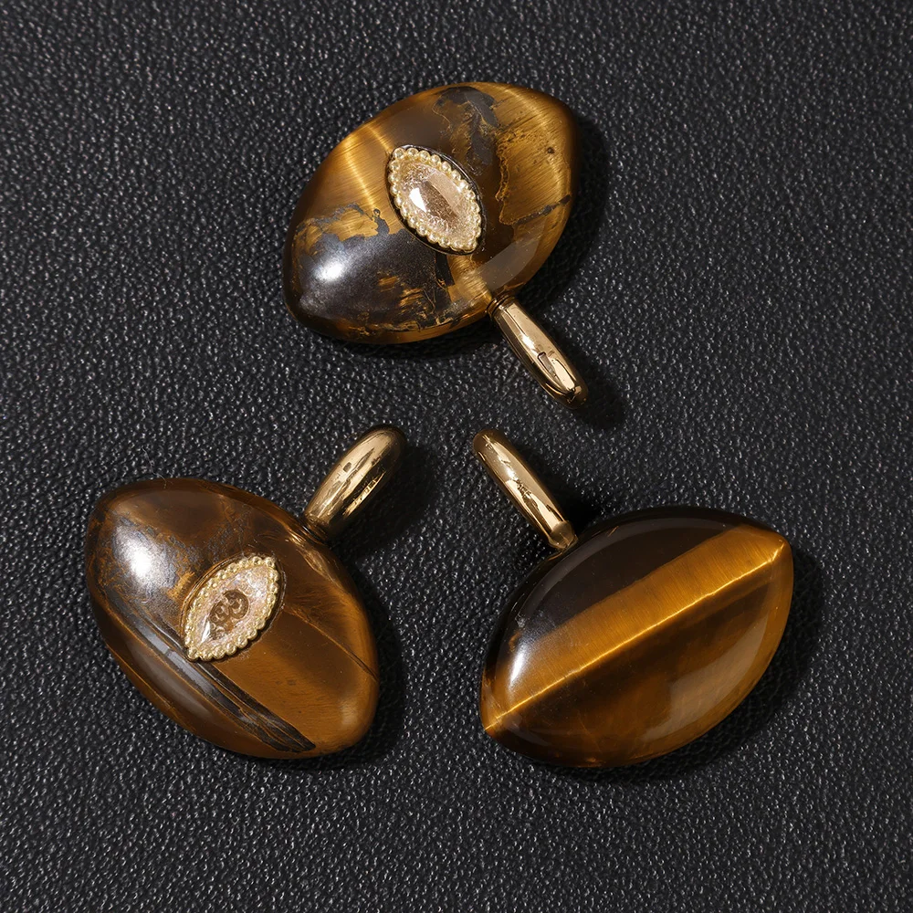 1PC Natural Stone Evil Eye Charm 13x20mm Polished Rose Quartz Tiger Eye Pendant Inlaid CZ for DIY Jewelry Making Lucky Amulet image 4