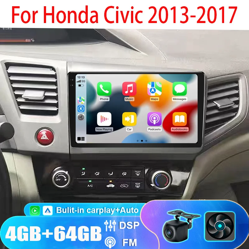 

9" 4+64GB For Honda Civic 2013-2017 Car Stereo Radio Apple Carplay Android 13 Head Unit GPS Navi