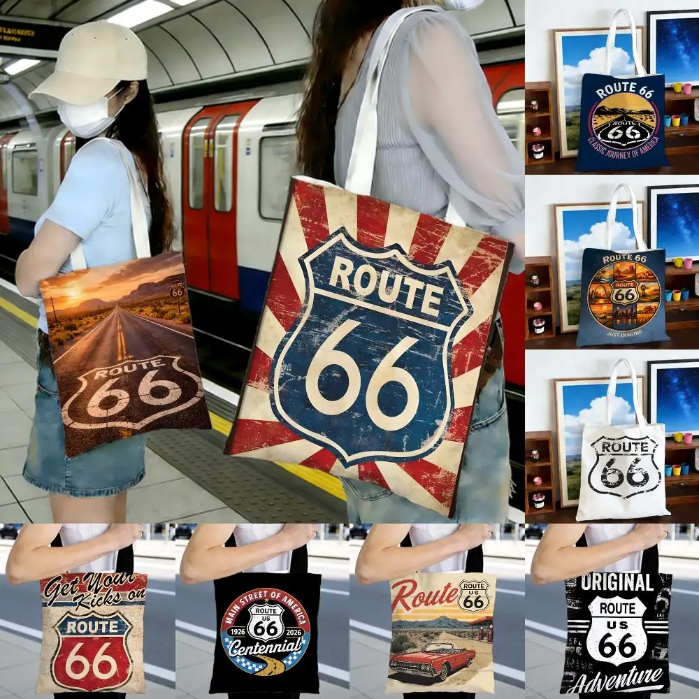 travel culture R-Route 66 Storage Bags Printed Series Shoulder Bag Portable Daily Lightweight Tote Bag