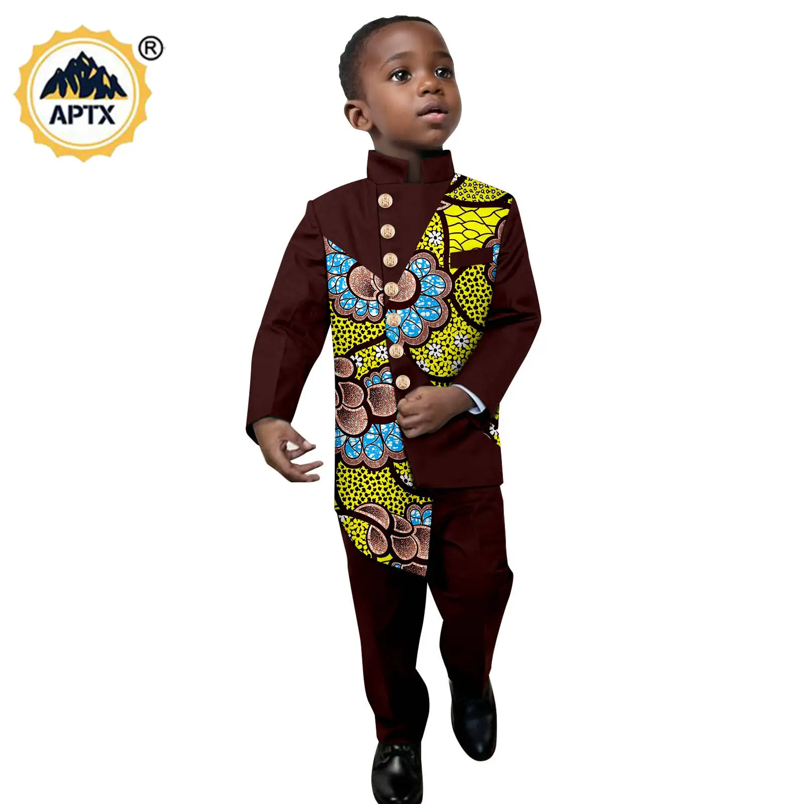 African Children's Clothing Boys' Suit Dashiki Stand Collar Irregular Hem Color-Block Top and Pants Set Bazin Riche 2446046