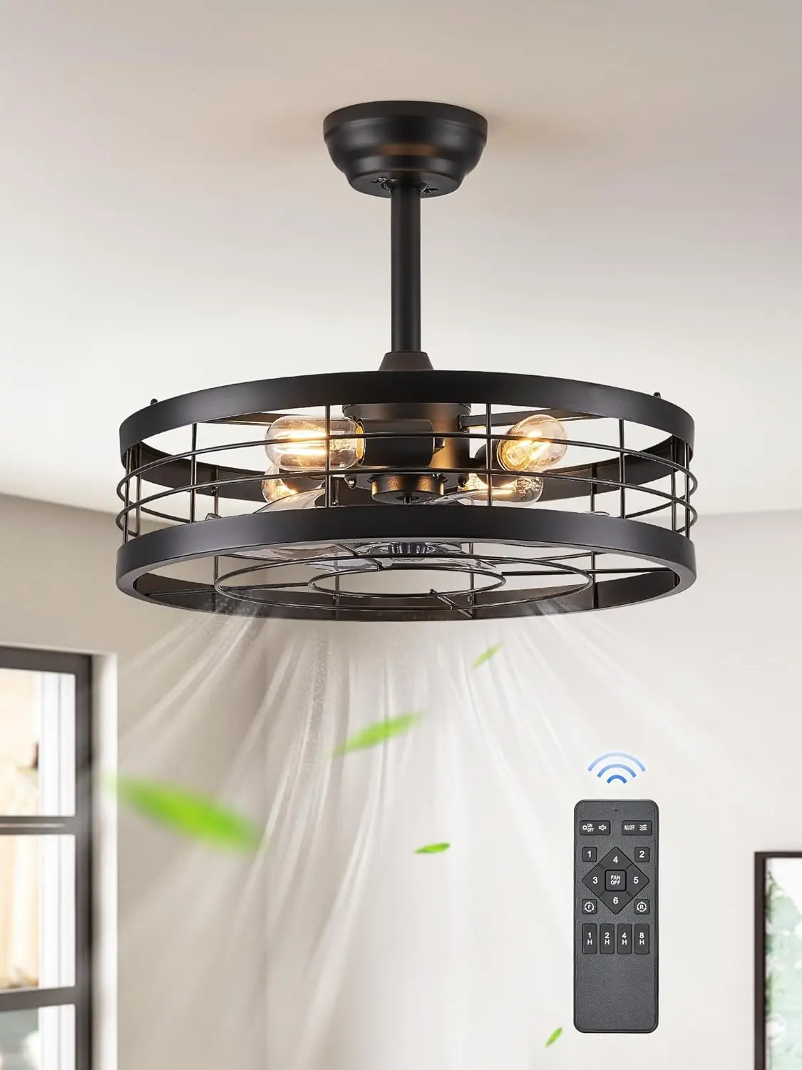 20-Inch Black Caged Bladeless Fandelier with Light & Remote, 6 Speeds & Timing Function, Farmhouse Style for Kitchen, Bedroom & Covered Outdoor Areas