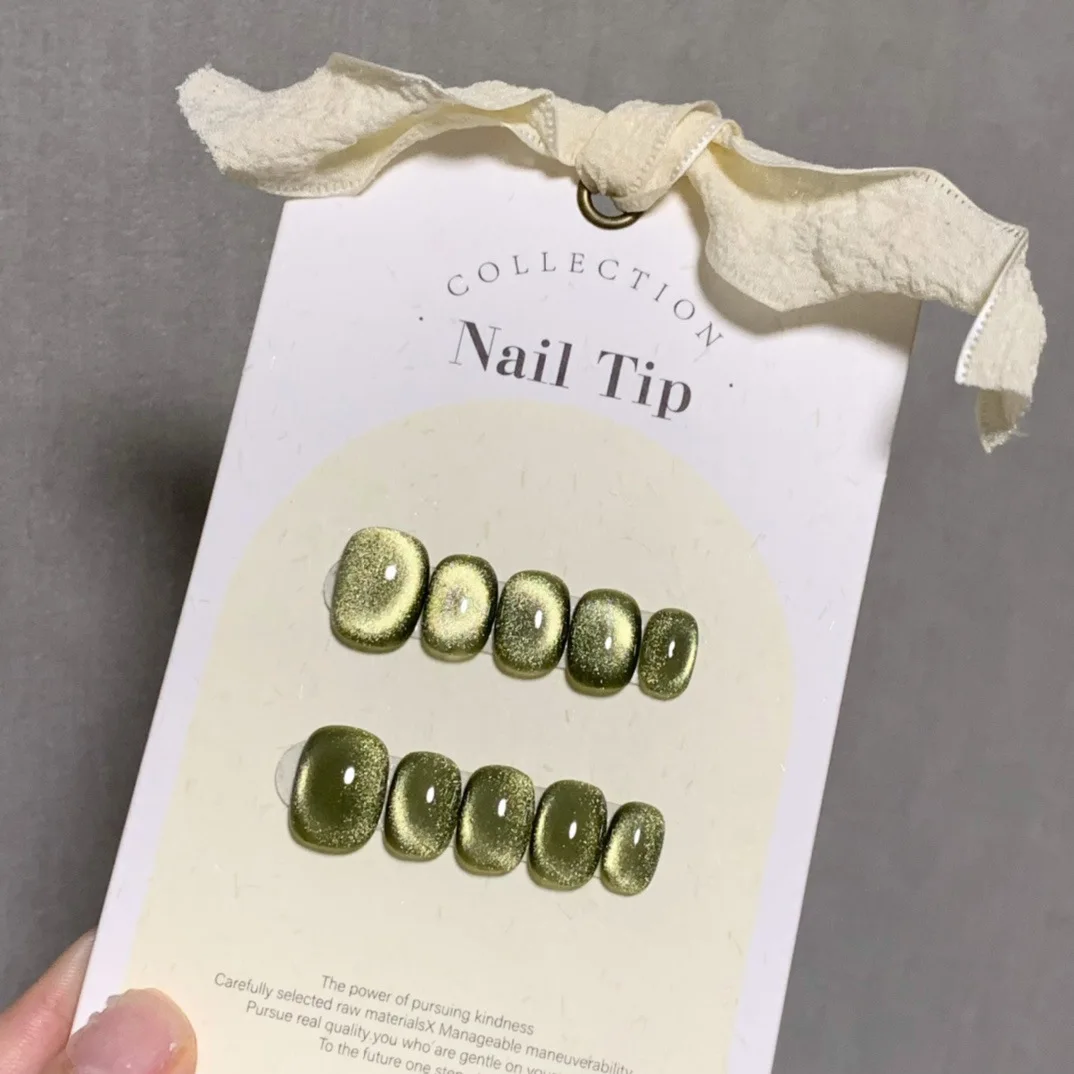 

Green Tea Cat Eye Handmade Press On Nails Short Square Magnetic False Nail Tips In Emmabeauty Store.No.EM19481