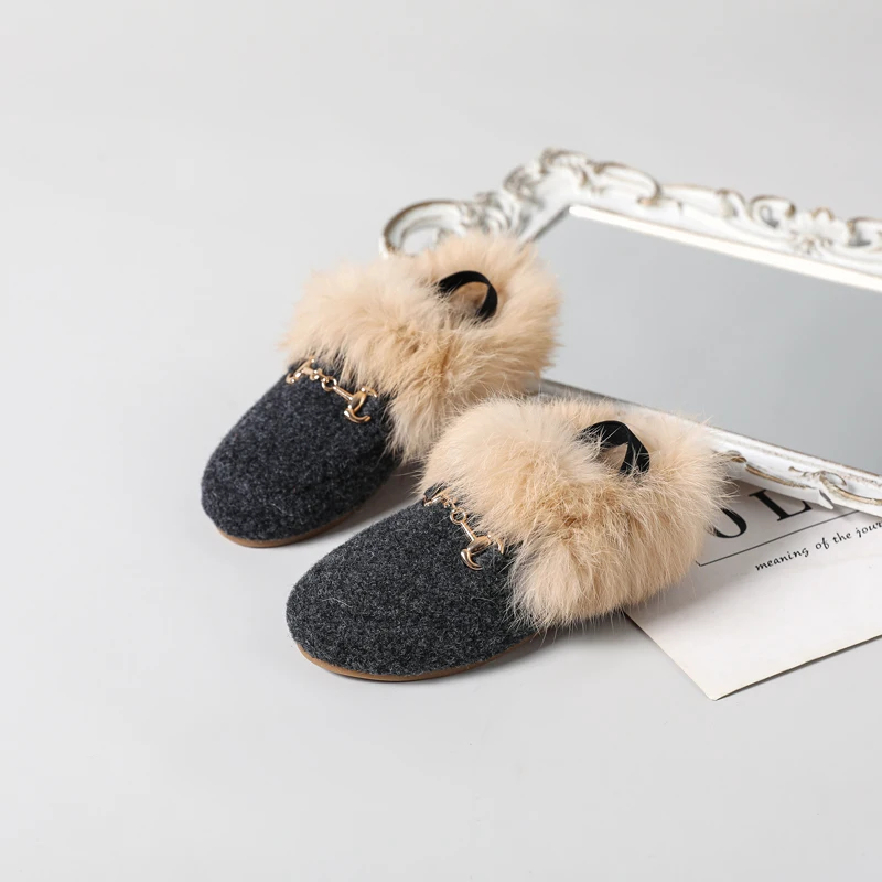 AS New Kids Fur Shoes Children Slides Baby Girls Slip On Outdoor Slippers Toddler Boys Gray Brand Flats Soft Princess Slides