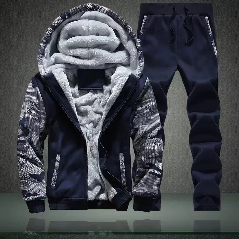 

New Winter Tracksuits Men Set Thick Fleece Hoodies+Pants Suit Zipper Hooded Sweatshirt Sportswear Set Male Hoodie Sporting Suits