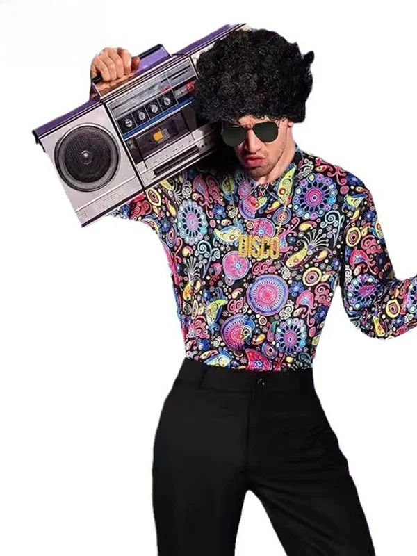 

Retro Floral Long Sve irt Bell Bot Pants Two Piece Set Hippie Performance Costume Disco 70s Stage ow Outfit Women