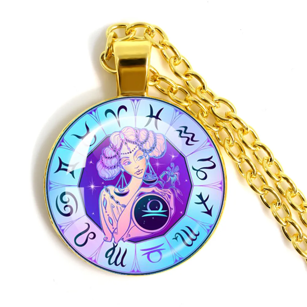 12 Constellation Scorpio Sagittarius Capricorn Aquarius Pendant Necklace Glass Dome Zodiac Jewelry For Gift