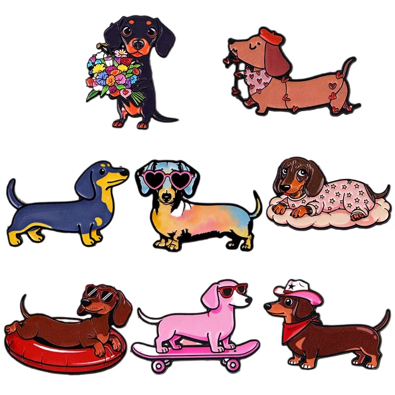 Cute Dachshund Enamel Pin Cartoon Dog Brooch Lapel Pins Backpack Badge DIY Clothing Decor Accessory Gift for Pet Dog Lover