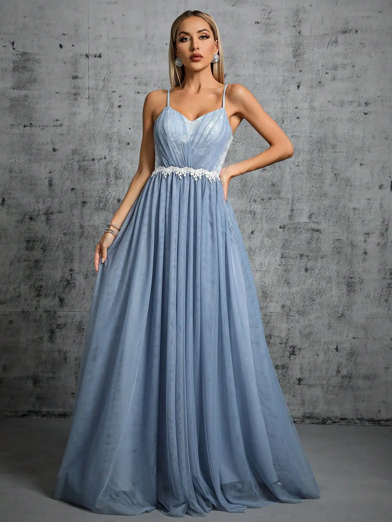 Mgiacy Halter mesh cross folding lace contrasting long dress Evening gown Ball dress Party dress Bridesmaid dress