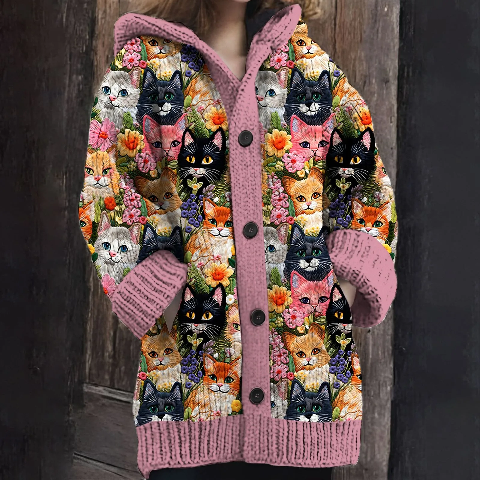 

Women's Winter Outwear Cozy Knitted Hooded Cardigan With Pockets Cats Thick Warm Single Breasted Casual Style Sweater Jacket