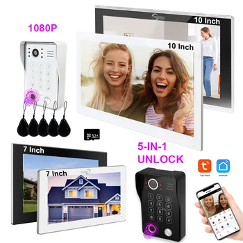 Campainha de vídeo com fio com senha, impressão digital, porteiro de vídeo, Tuya, Wi-Fi, 7 