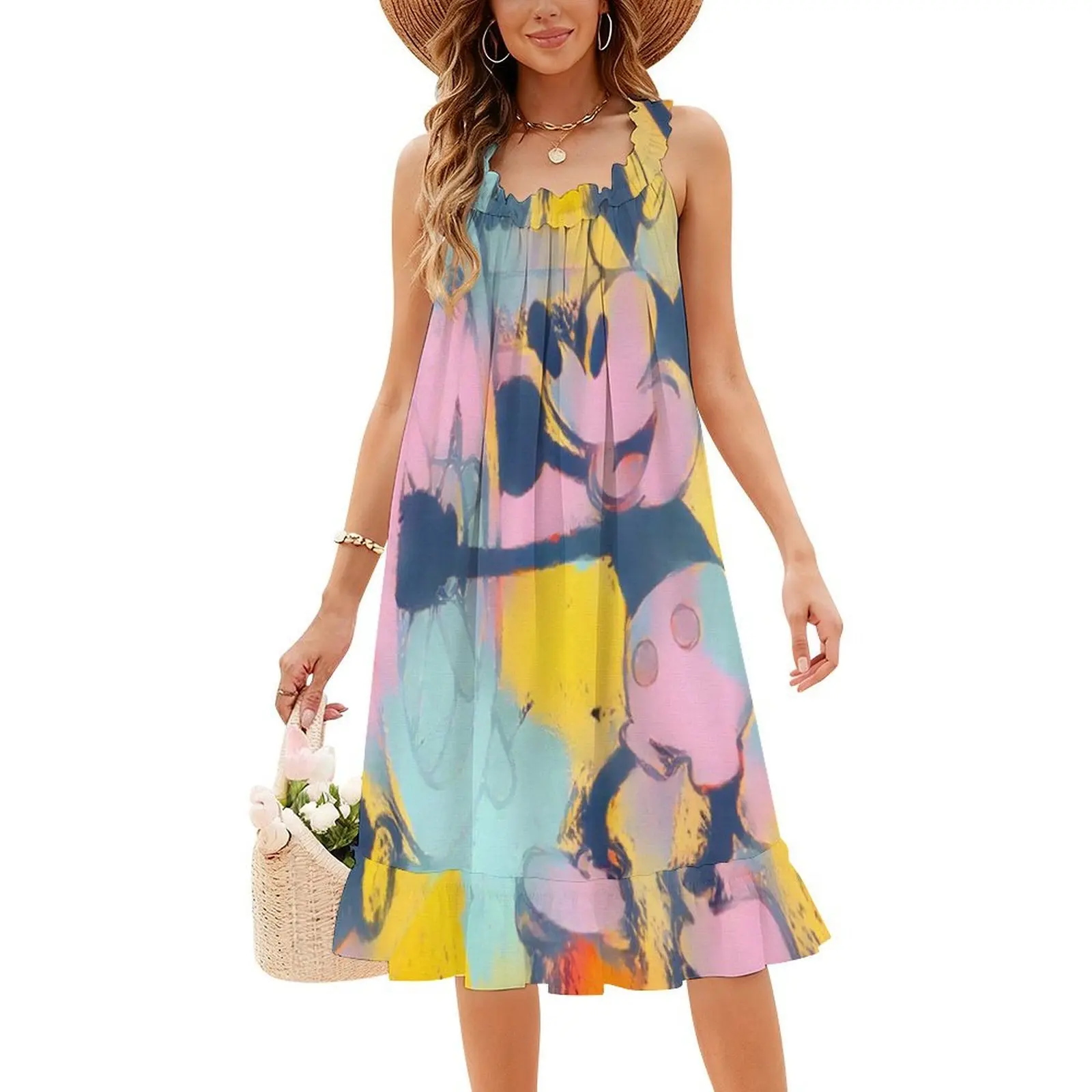 قارب بخاري ميكي على طراز Warhol فستان بوهيمي بدون أكمام متعدد الطباعات لحفلات عطلة الشاطئ فستان Steamboat Willie Warhol #4