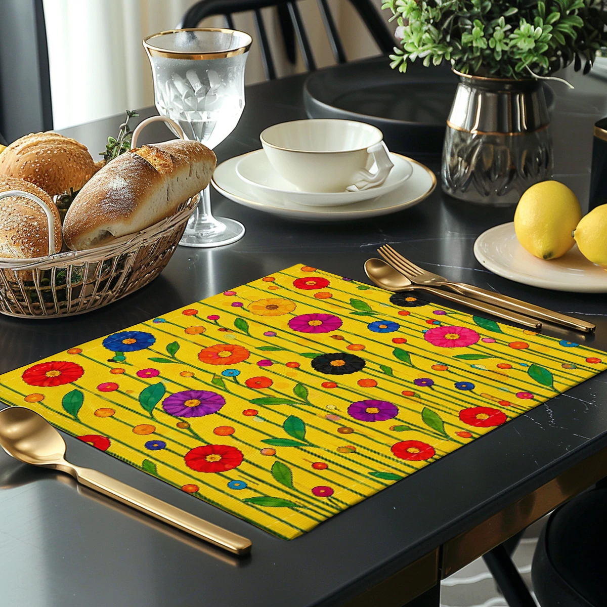 Sunflower Gnome Pattern Polyester Placemats - Set of 4, Decorative Table Mats for Dining Table, Home Kitchen & Party Use