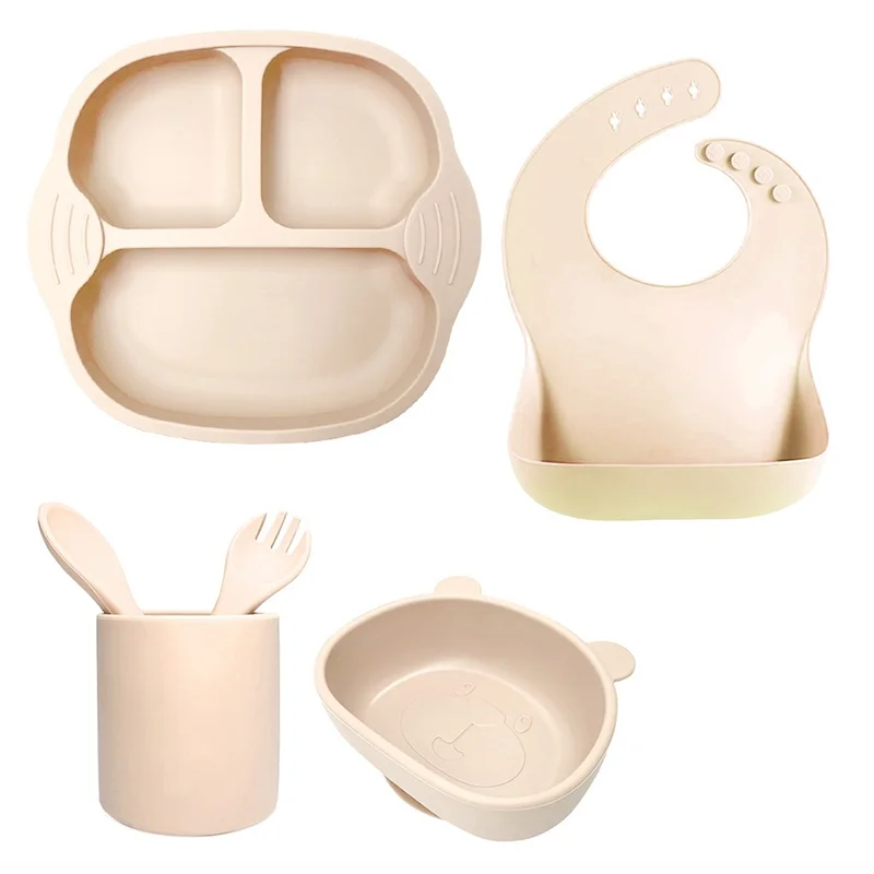 6Pcs Silicone Baby Feeding Set, Toddler Utensils, Baby Bowls with Suction Toddler Bowls Set Dishwasher Safe Beige