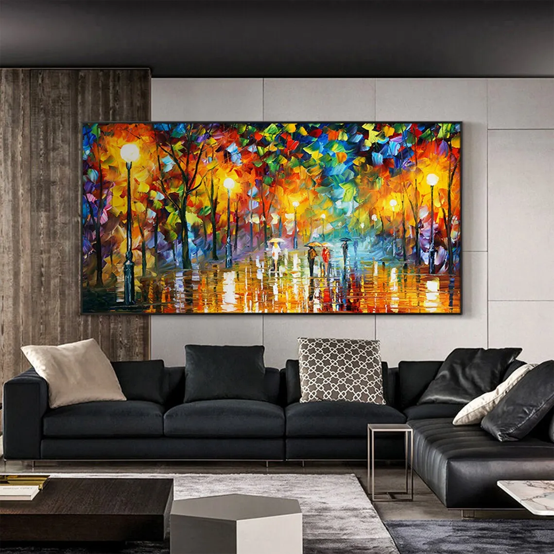 

Colorful Rainy Street Cityscape Oil Painting on Canvas, Large Abstract Palette Knife Acrylic Living Room Wall Art for Halloween