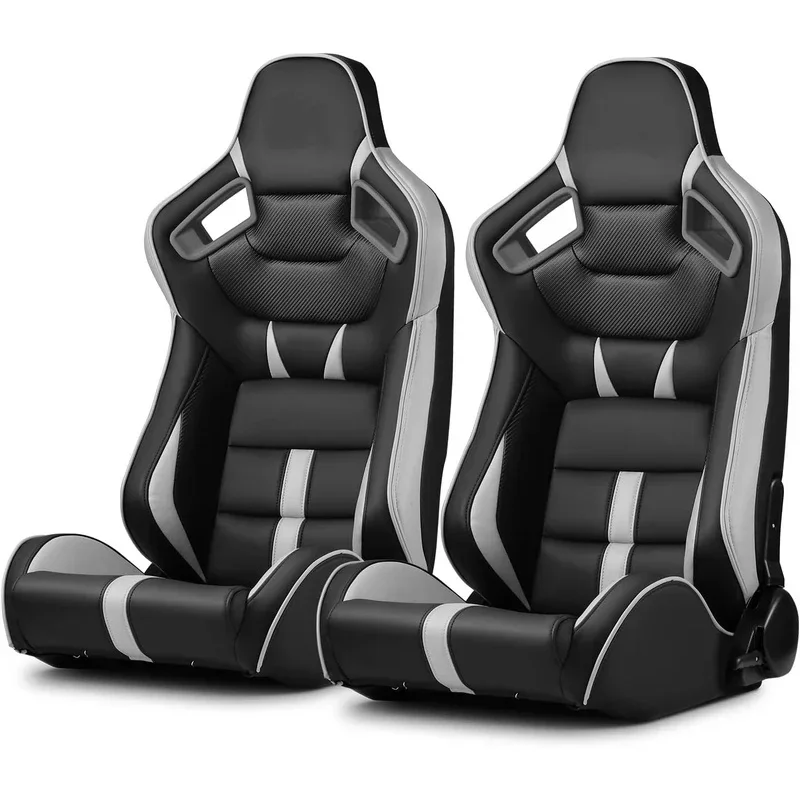 Hot Selling Auto Parts Universal PVC Leather Reclining Sport Racing Seats Black With Orange Blue Stripe Pair Auto Interior Mod A