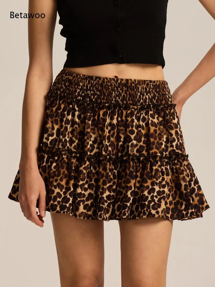Elastic Tiered Ruffle Mini Skirt Multiple Prints Solid Color A-Line Flowy Short Skort for Women Summer Beach Casual Outfits