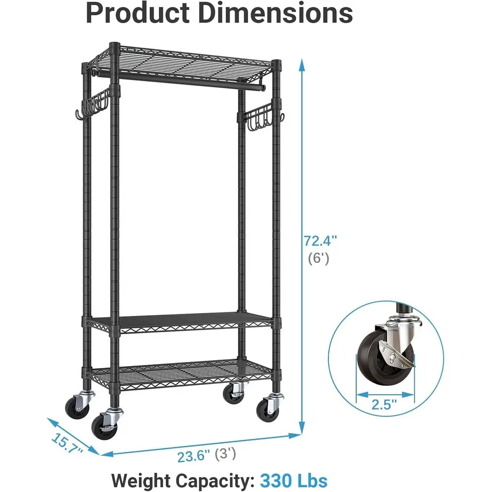 Appendiabiti medio R3 con ruote bloccabili, appendiabiti resistente con ripiani regolabili, asta per appendere e ganci laterali