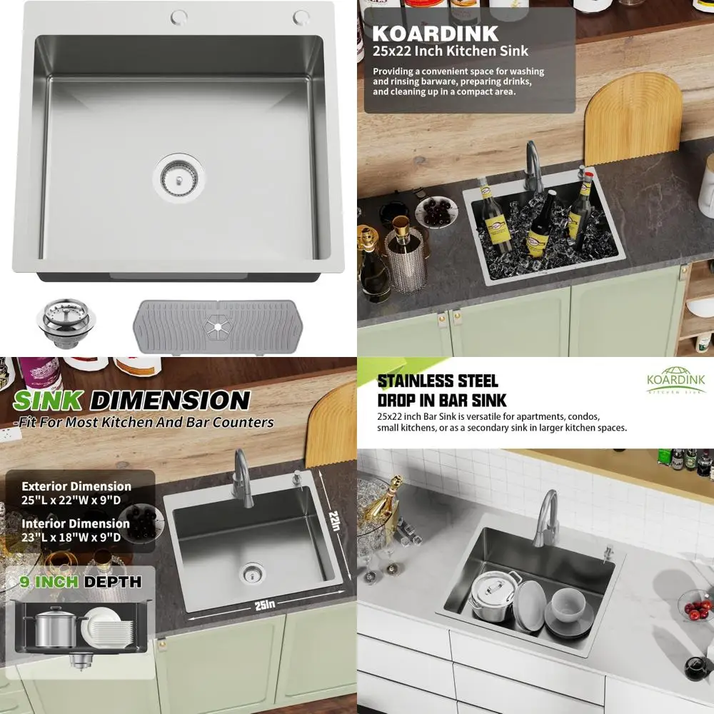 

Stainless Steel 25x22 Inch Kitchen Sink - Single Bowl Drop-In Topmount Modern Sink with Silicone Mat and Drain Strainer for Kitc