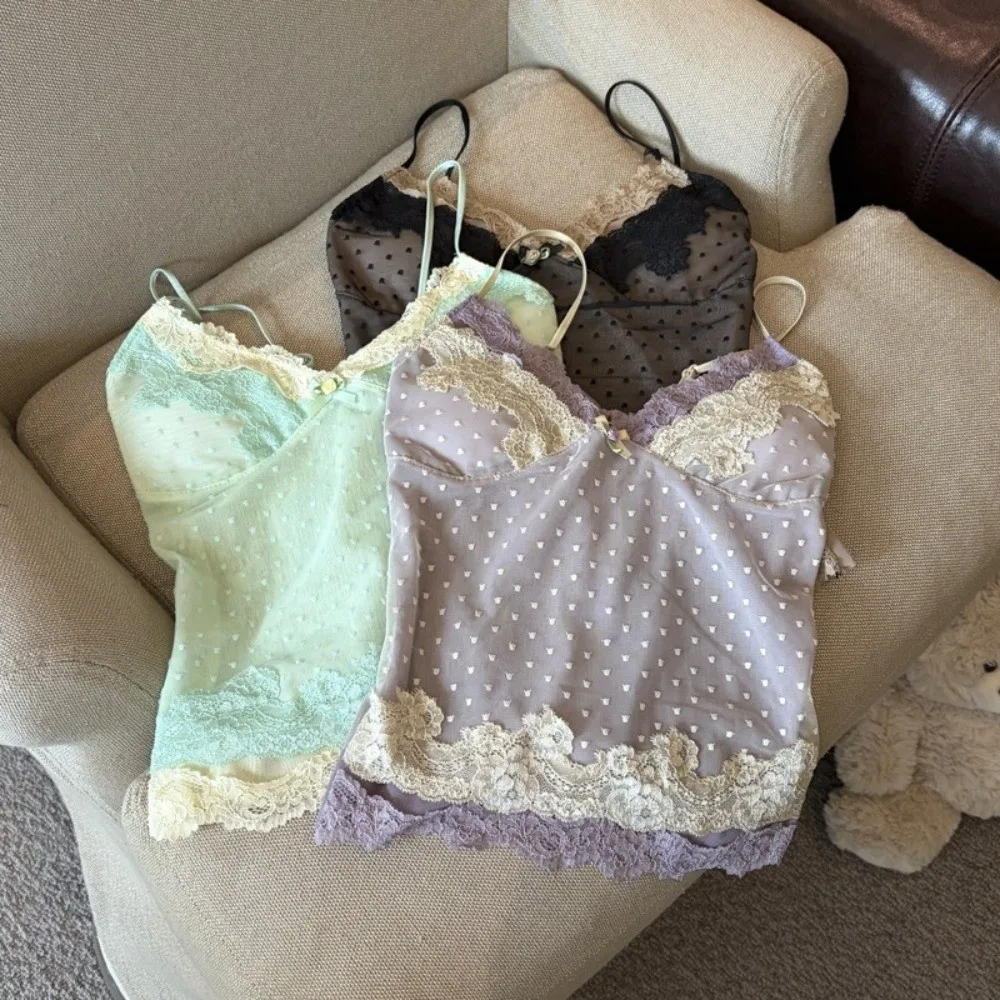 Slim Fit Women’s Tank Tops Lace Trim Breathable Summer Lace Camisole Versatile Spaghetti Strap Double-layer Polka Dot Crop Tops