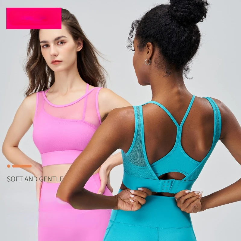 Women Yoga Bra Fake Two Pieces Sexy Strap Chest Pad Underwear Breathable Running Stretch Push Up Sport Vest Fitness Tank Top