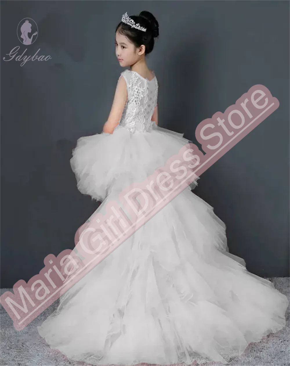 Elegant White Asymmetrical Length Girl Birthday Dress Trailing Layered Wedding Banquet Show Princess Wedding Dress
