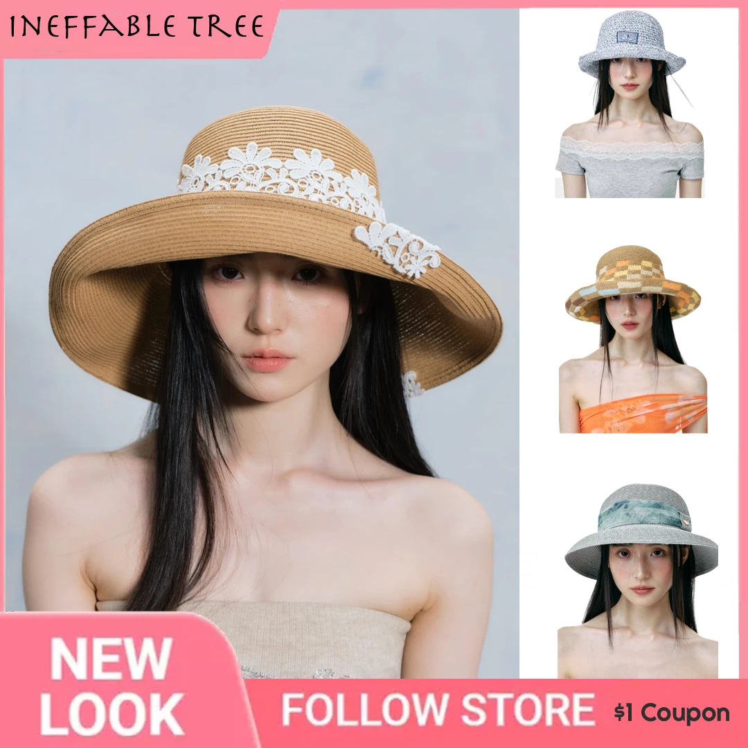 

Summer Lace Flower Beach Breathable Large Brim Sun Protection Straw Hats Women Foldable Sweet Pattern Round Vacation Top Caps
