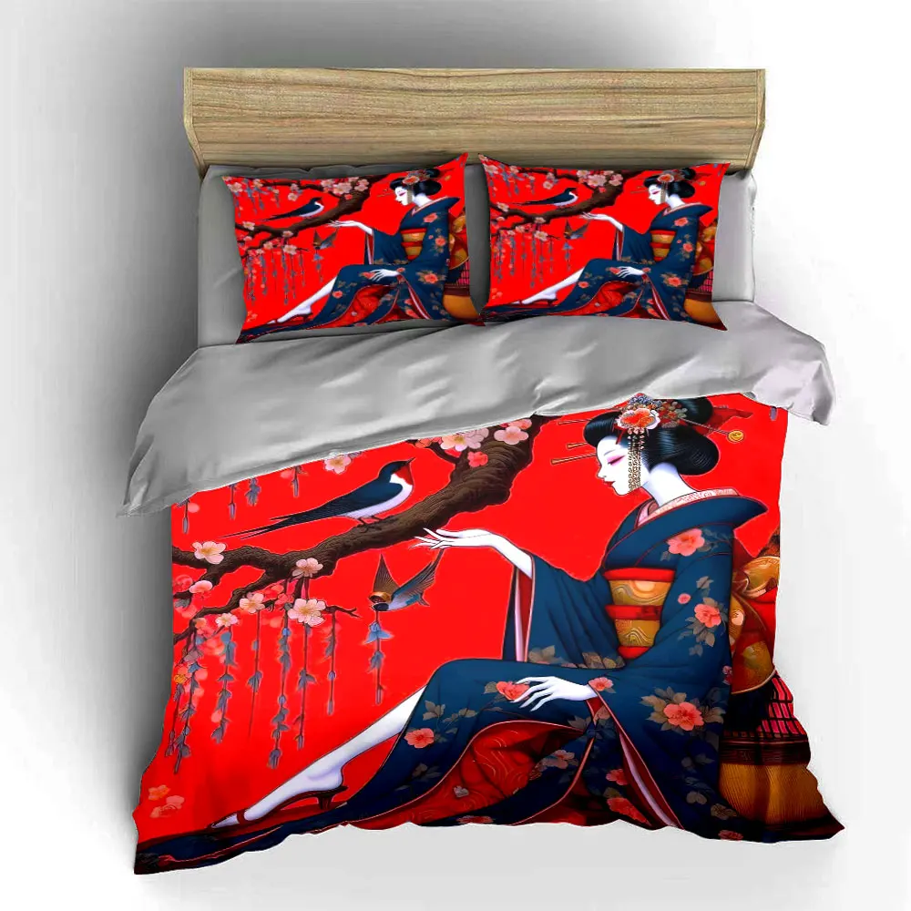 Kimono-clad woman with birds and flowers Print Soft Comfortable Duvet Cover Bedding Set Included 1*Duvet Cover 2*Pillowcases 5