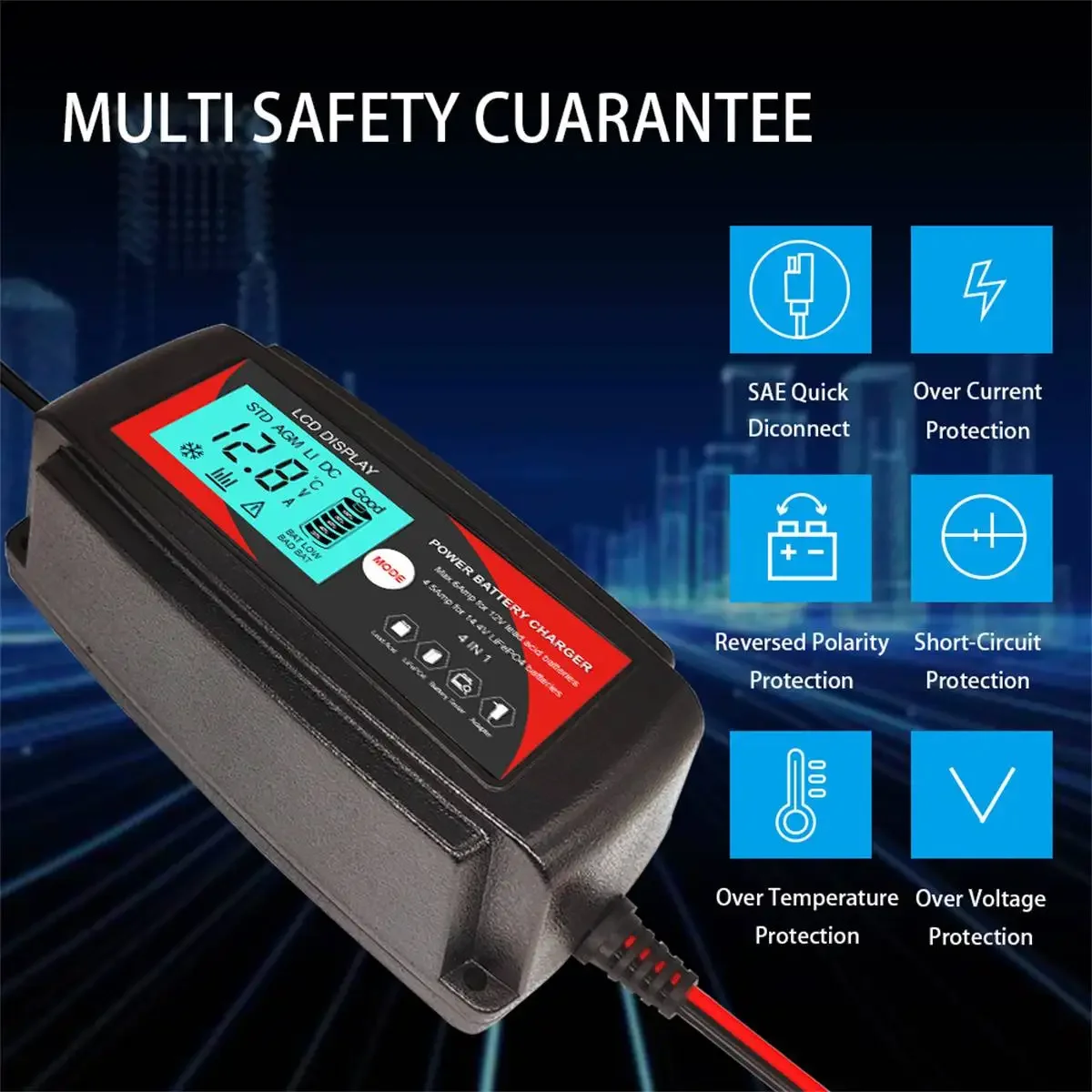 Andeman 12V-14V 6A LCD Smart Fast Car Battery Charger AC 100V-240V for Auto Batteries Intelligent Pulse Repair Battery Charging