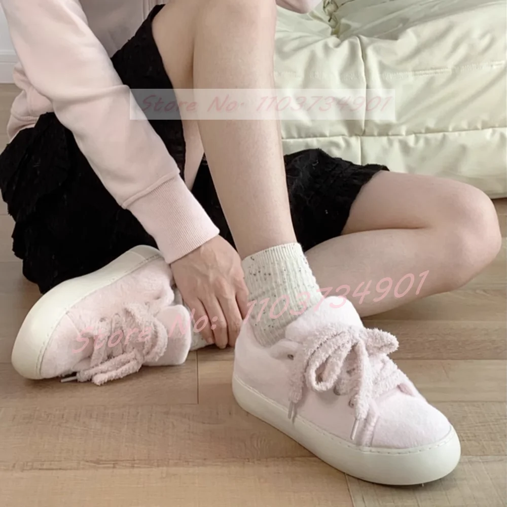 Rosa peludo sapatos quentes mulheres inverno sola grossa anti-deslizamento rendas até tênis feminino conforto doce na moda casual 2025 novos sapatos planos