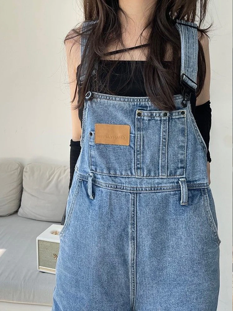 Macacão baggy jean vintage feminino, macacão jeans de cintura alta, estilo coreano, calças largas e largas para mulheres