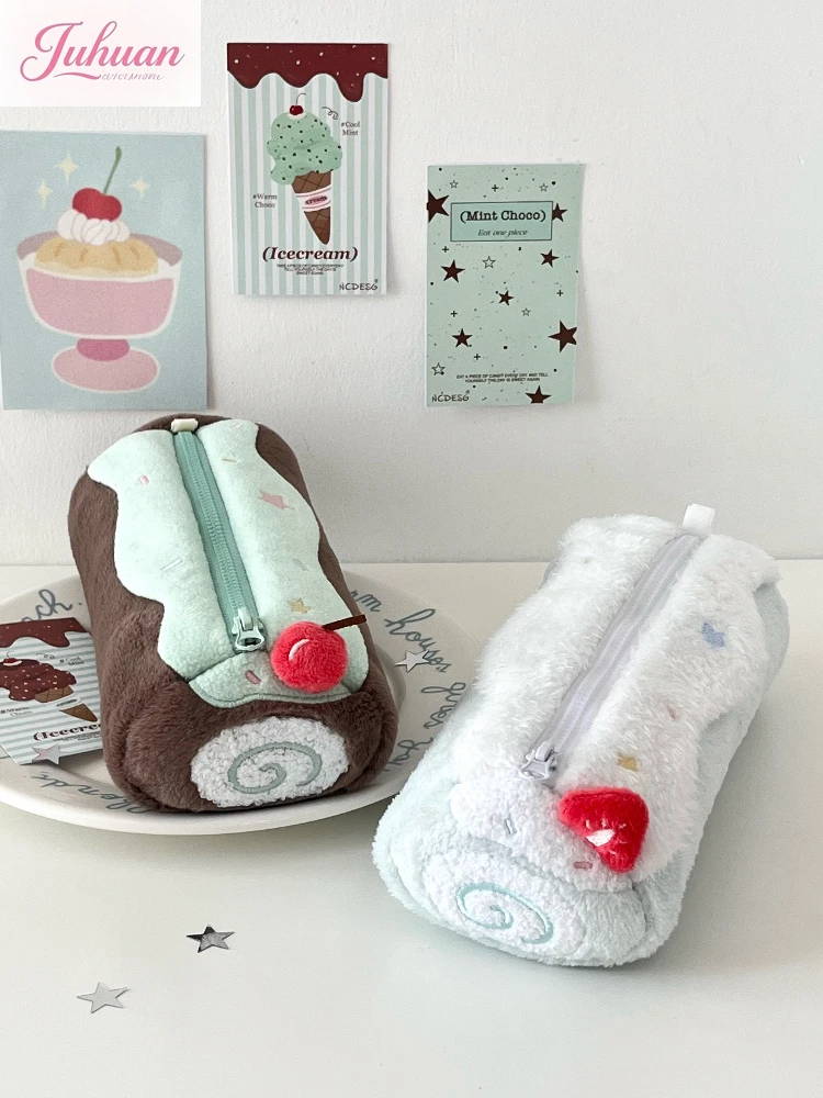Kawaii Swiss Roll Pencil Bag Cute Stationery Bag Plush High Value Student Large Capacity Stationery Box