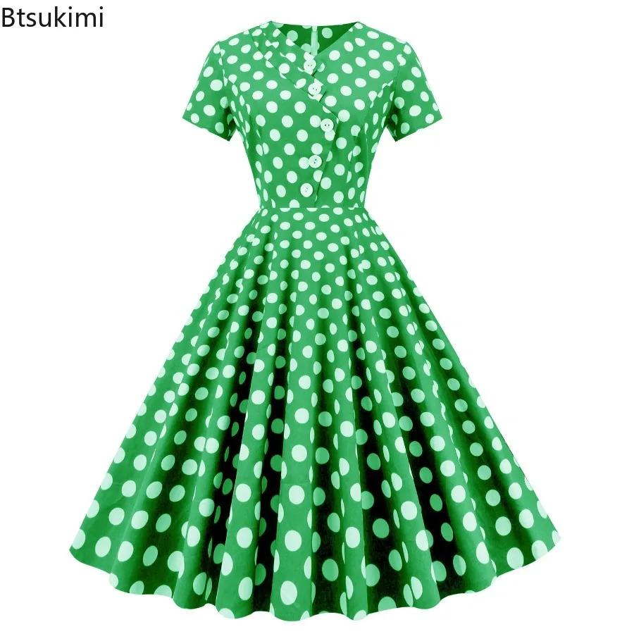 Robe Vintage à pois pour femmes, col asymétrique, grande jupe, manches courtes, coupe cintrée, couleur unie, rétro, été