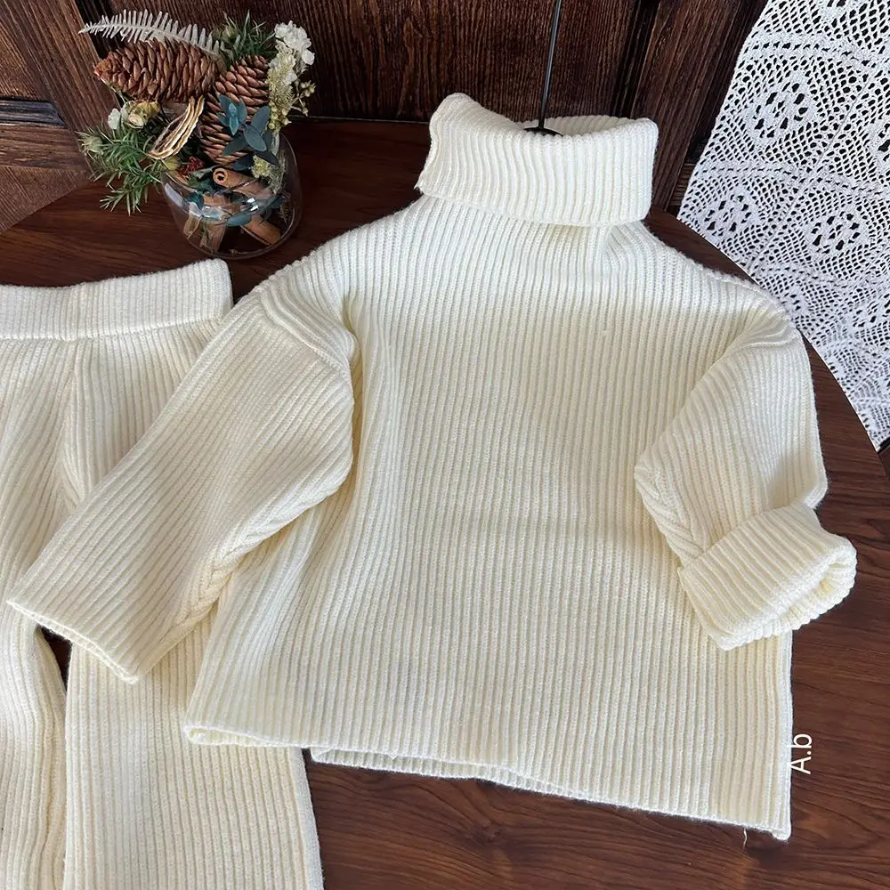 Kids Girls Beige Suits Warm Turtleneck Long Sleeve Pullover Sweater+High Waist Wide Leg Knitting Pants 2Pcs Children Casual Sets