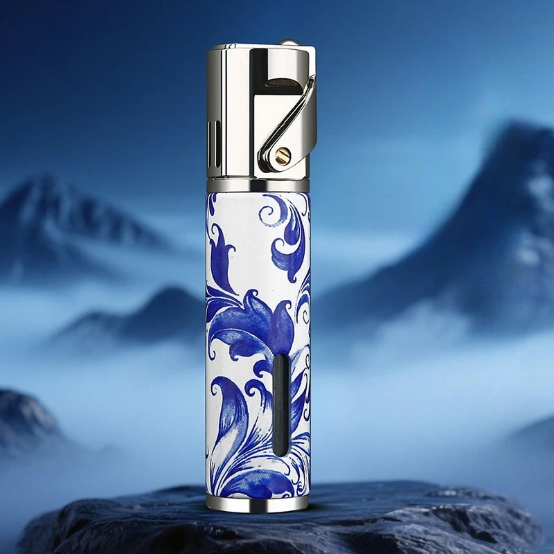 HONEST Lighter Windproof Direct Charge Inflatable Lighter with Visual Gas Chamber Exquisite Blue and White Porcelain Pattern